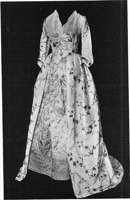 Blue Brocade Gown and Quilted Satin Petticoat.
